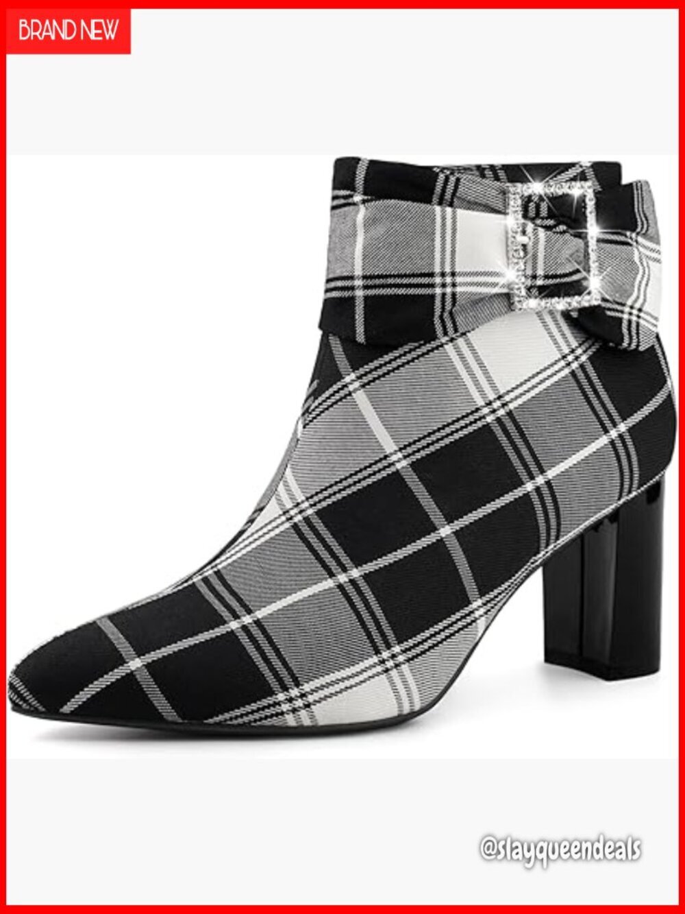 Pointy Toe Rhinestone Bow Zipper Chunky Heel Ankle Boots Plaid Fabric